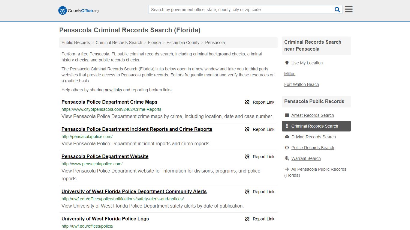 Pensacola Criminal Records Search (Florida) - County Office